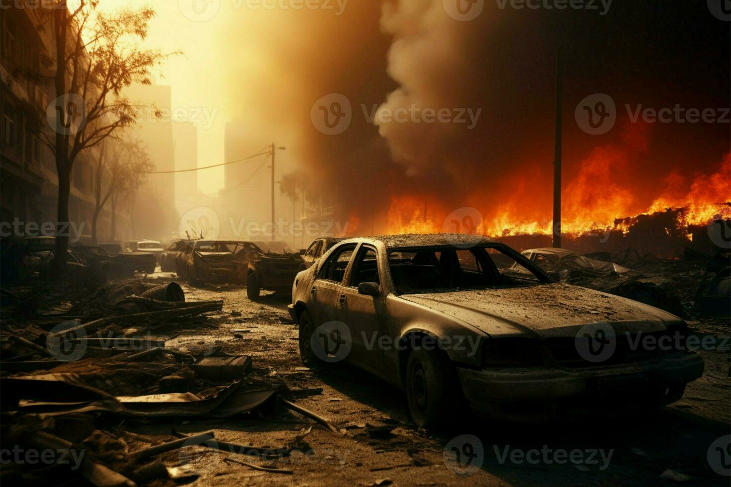 AI generated Disaster scene City street wreck, car blaze, destruction, emergency response photo