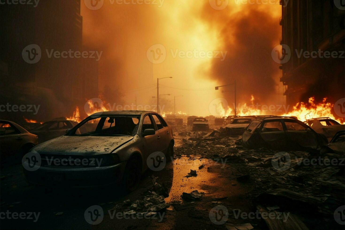 AI generated Urban chaos City street accident, car blaze, destruction, emergency response photo