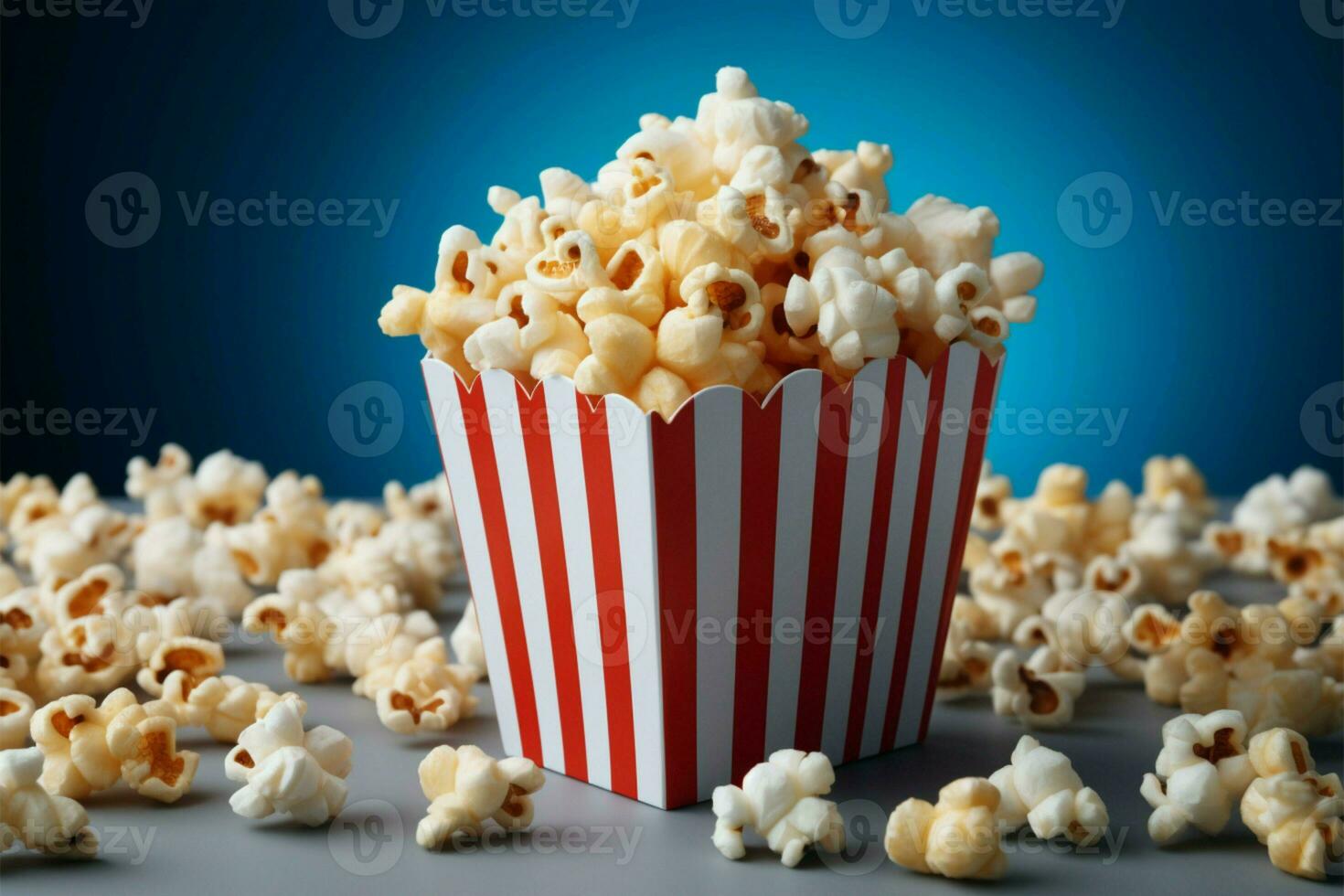 AI generated Popcorn pleasure Blue cinema box on a crisp white background photo