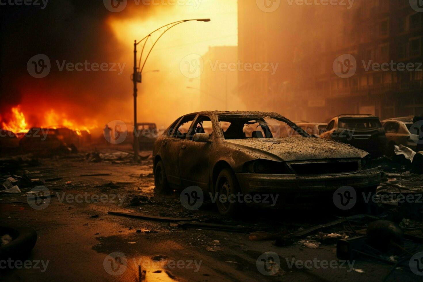AI generated Accident aftermath Street wreckage, smoke, car destruction, emergency vehicle presence photo