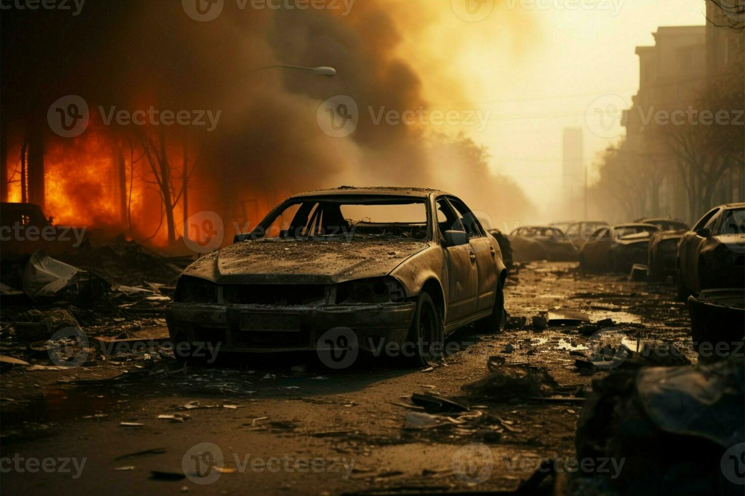 AI generated Accident aftermath Street wreckage, smoke, car destruction, emergency vehicle presence photo