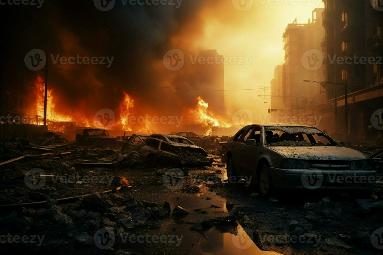 AI generated City disaster Street wreck, smoke, destruction aftermath, emergency vehicle response photo