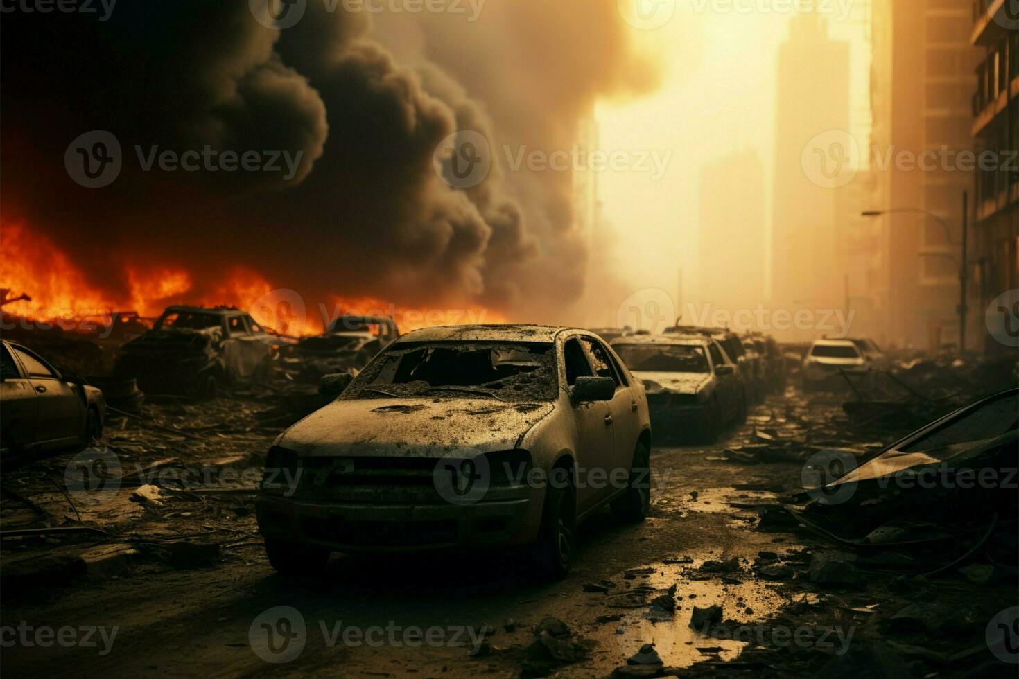 AI generated City disaster Street wreck, smoke, destruction aftermath, emergency vehicle response photo