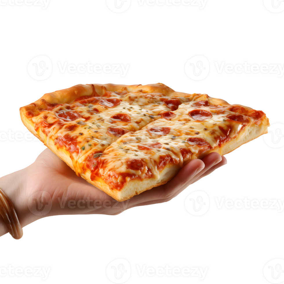 ai generato mano Tenere delizioso fetta Pizza beatitudine per visivo appello png