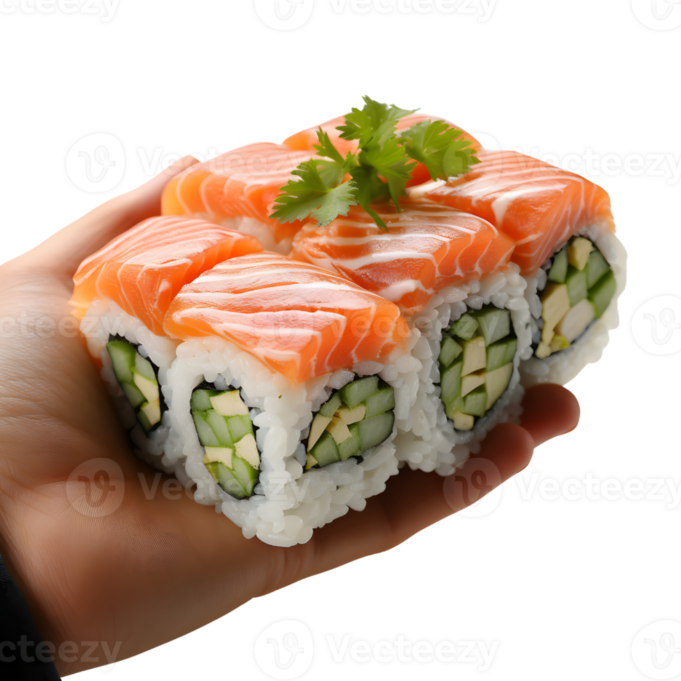 AI generated Hand Presenting Sushi Set of Salmon Rolls 35698090 PNG