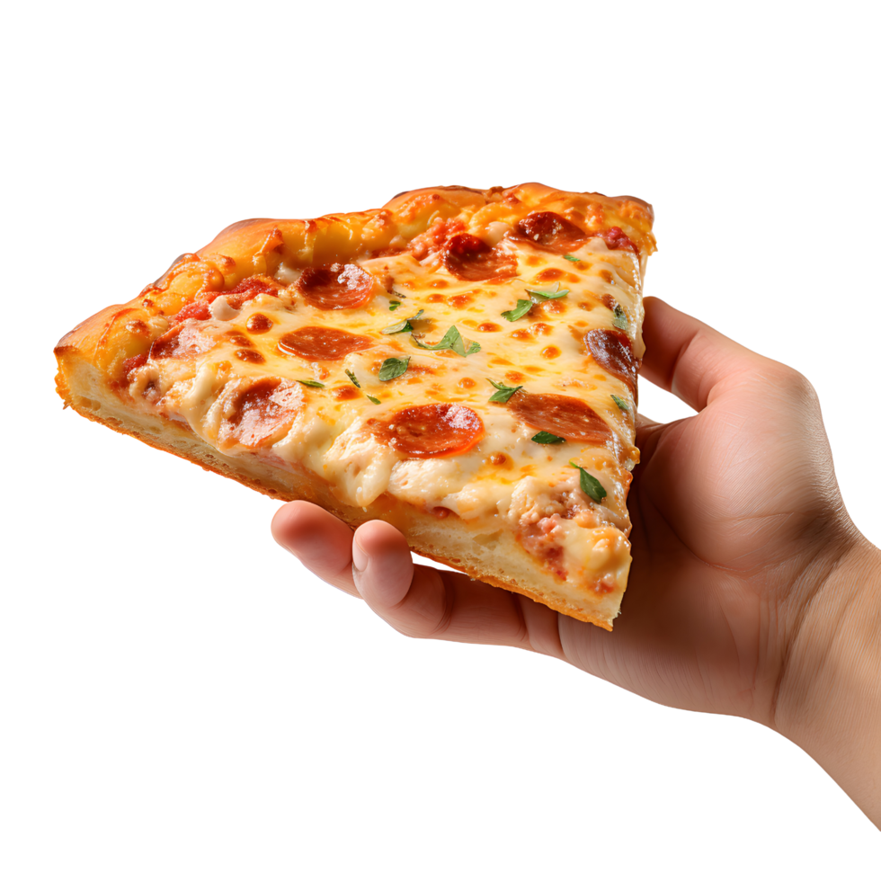 AI generated Hand Grasping Tempting Pizza Portion png