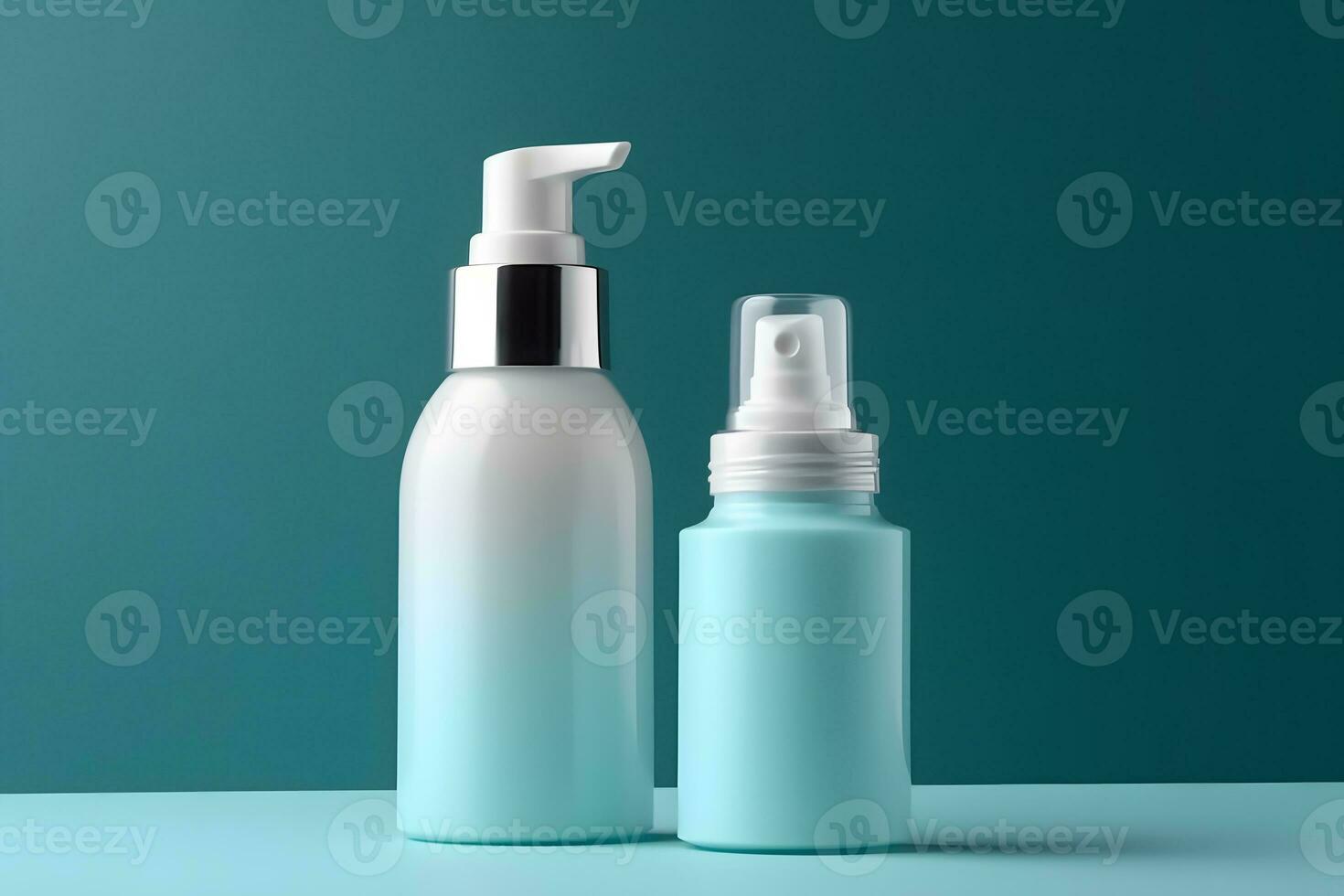 AI generated Mockup of cosmetics bottles in blue tone. Neural network AI generated photo