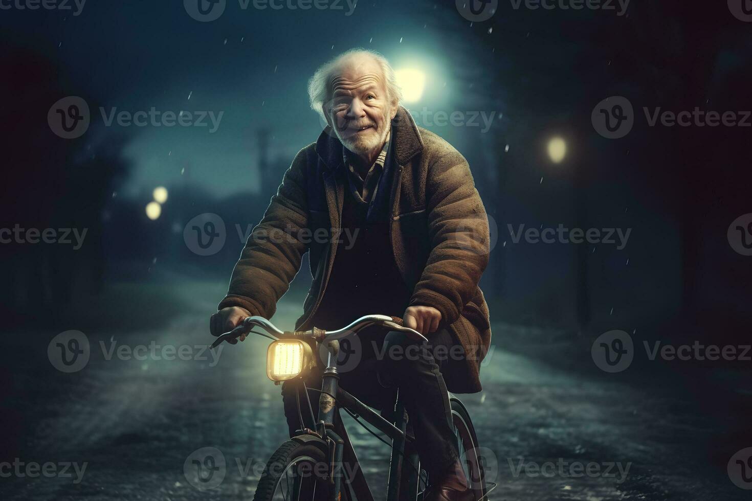 AI generated Funny cheerful grandfather on a bike. Neural network AI generated photo