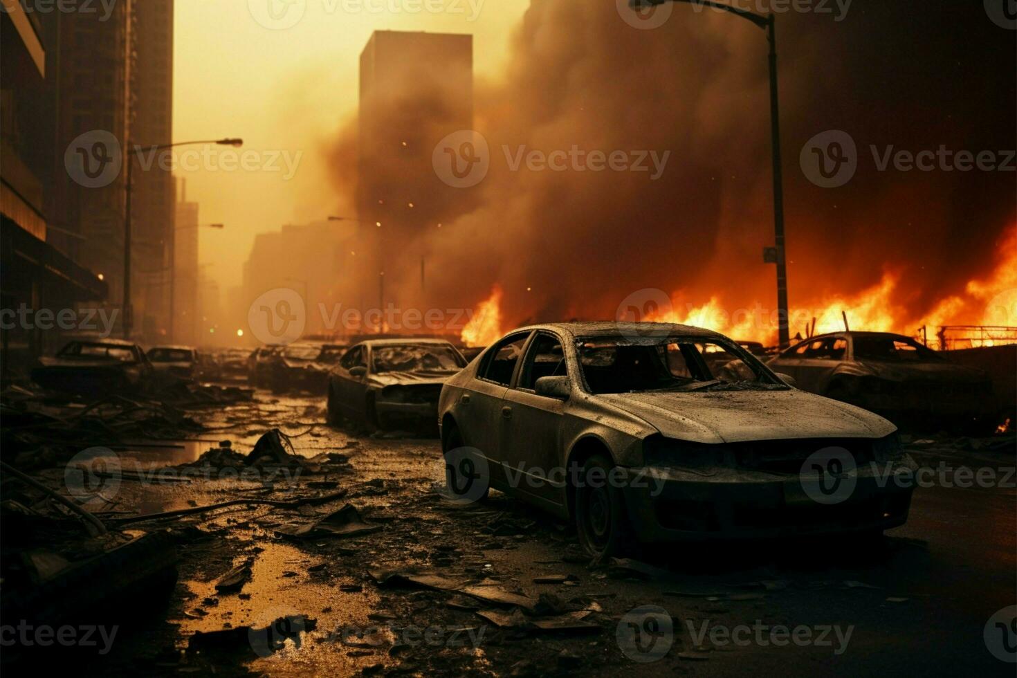 ai generado desastre escena ciudad calle naufragio, coche resplandor, destrucción, emergencia respuesta foto