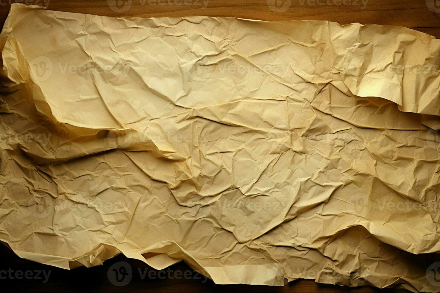 AI generated Vintage manuscript Close up of crinkled parchment with sepia toned streaks photo