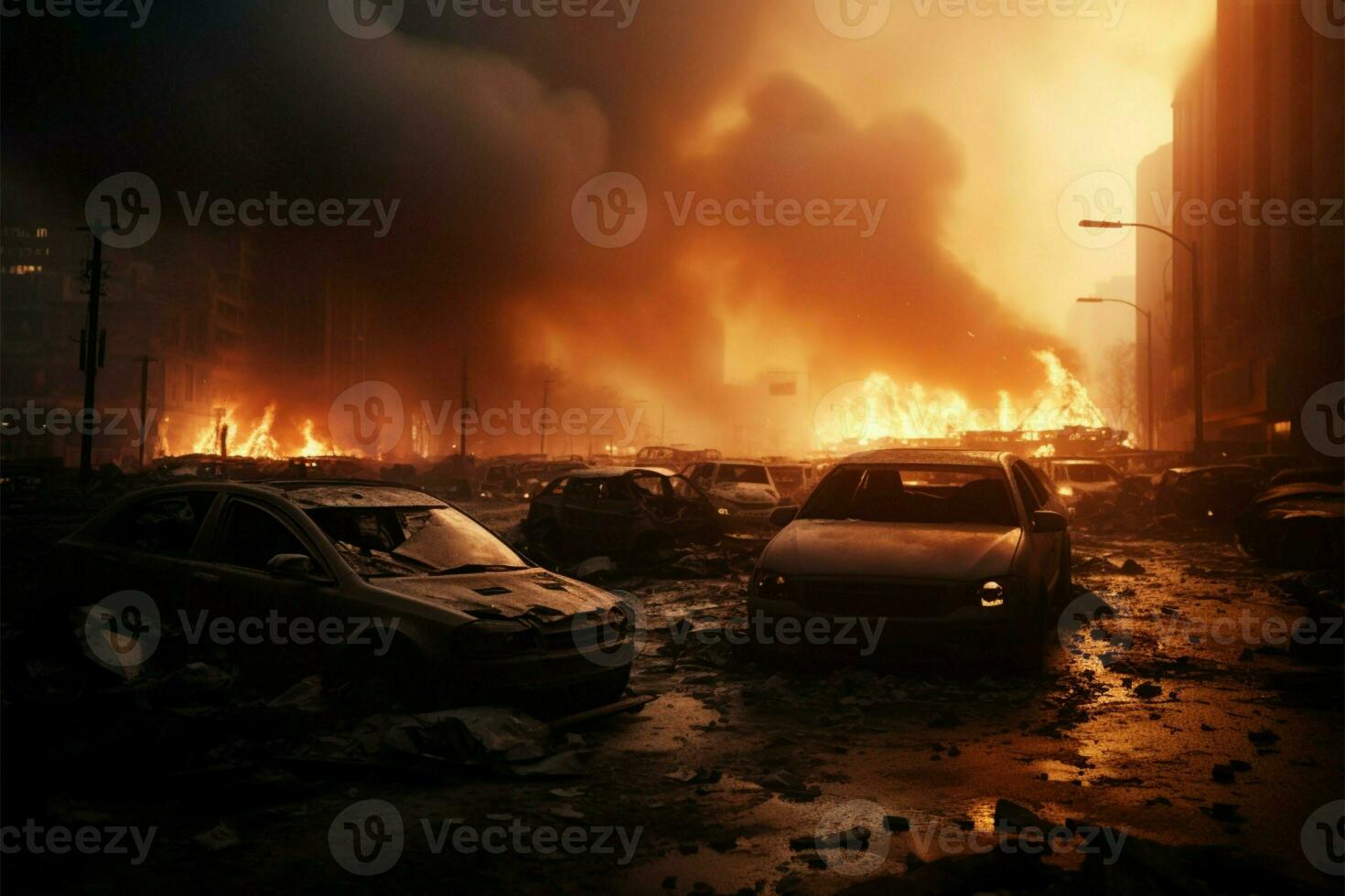 AI generated Disaster scene City street wreck, car blaze, destruction, emergency response photo