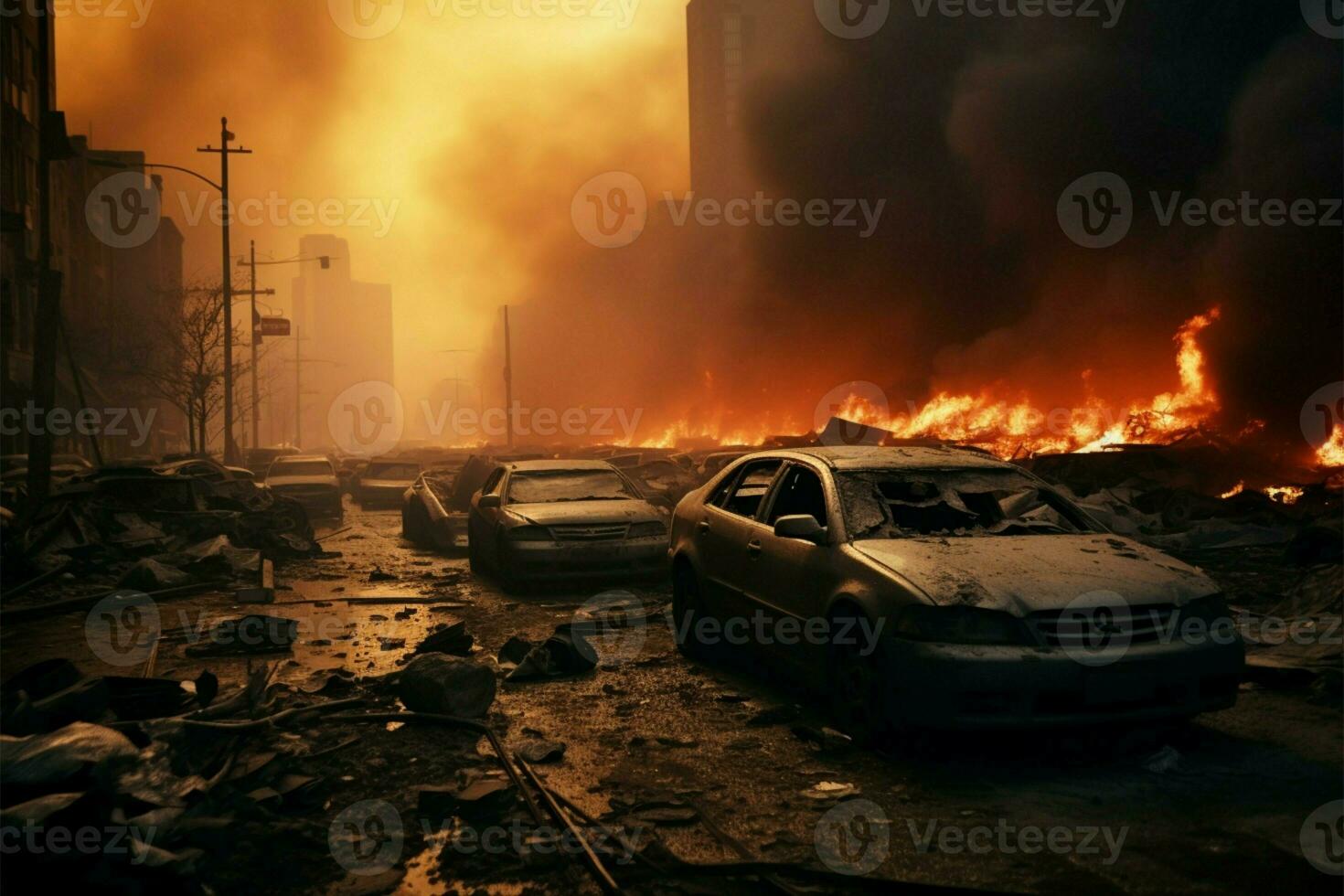 AI generated City disaster Street wreck, smoke, destruction aftermath, emergency vehicle response photo