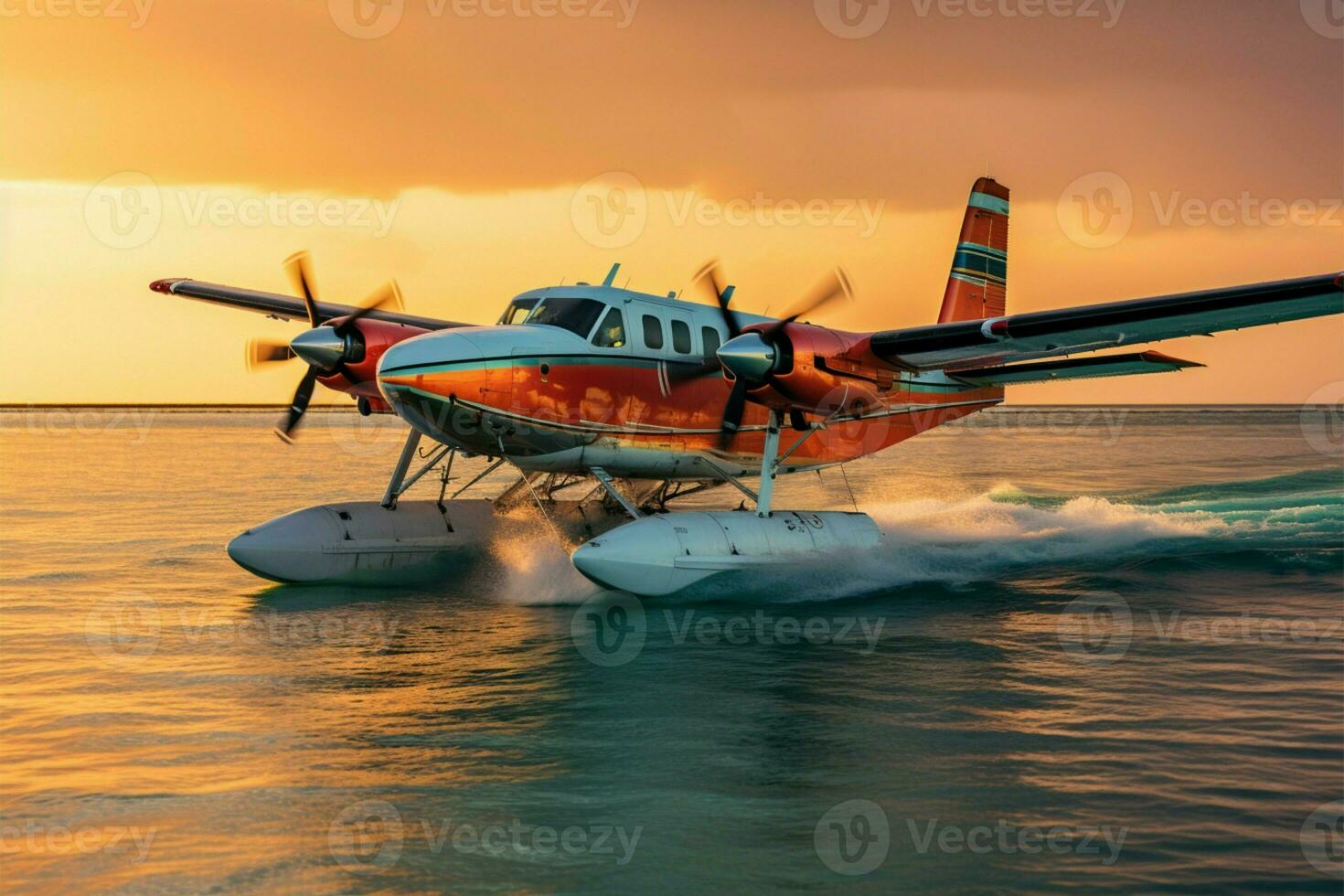 AI generated Exotic travel Seaplane over Maldives sea at sunset, luxury concept photo