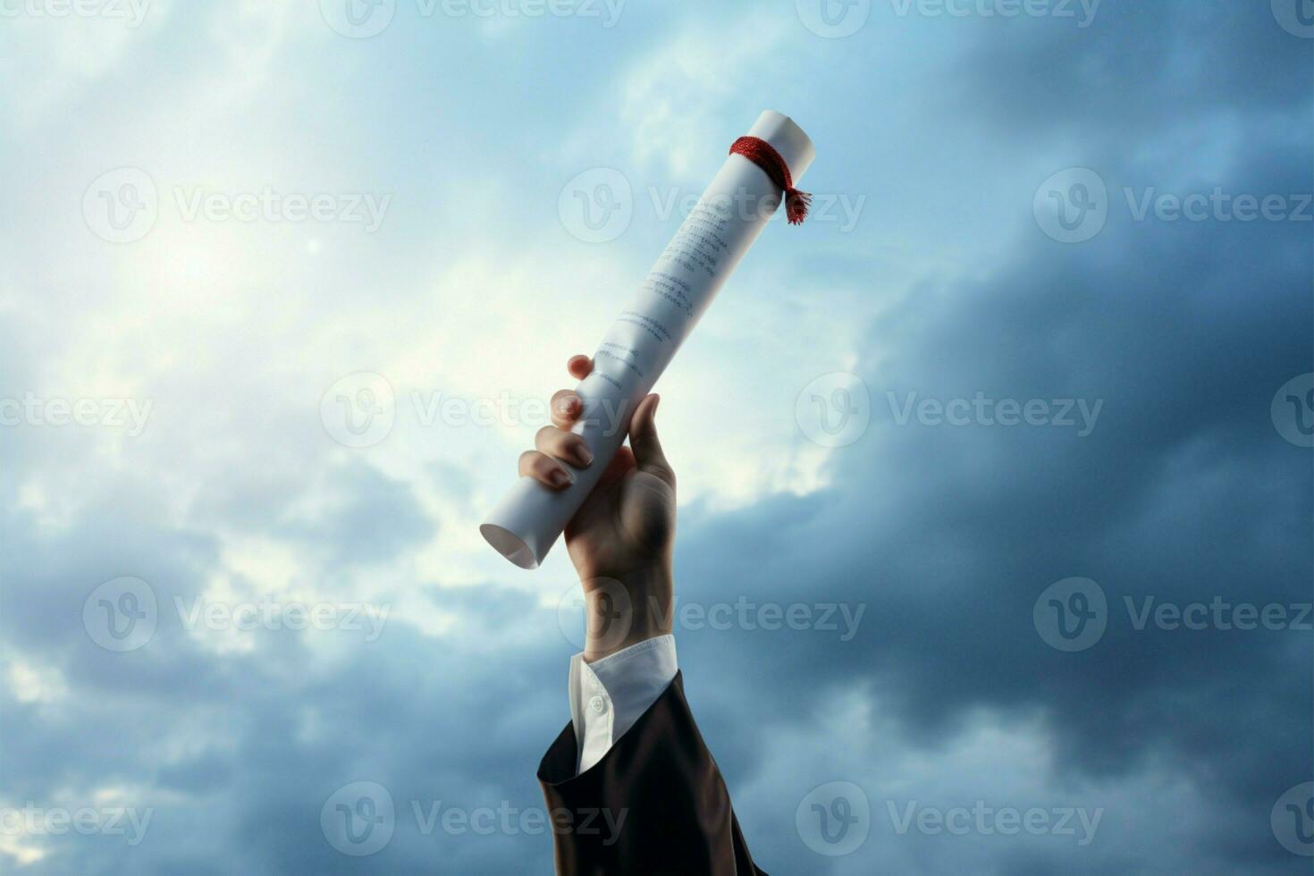 AI generated Educational milestone Hand proudly grasping a diploma in the sky photo