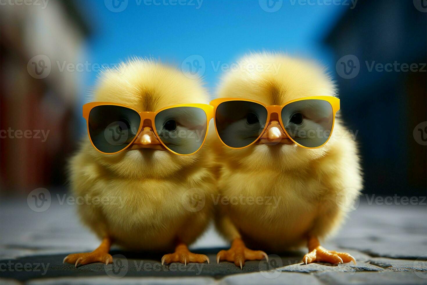 ai generado contento polluelo amarillo aves de corral vistiendo Gafas de sol, pequeño bebé pájaro en primavera foto
