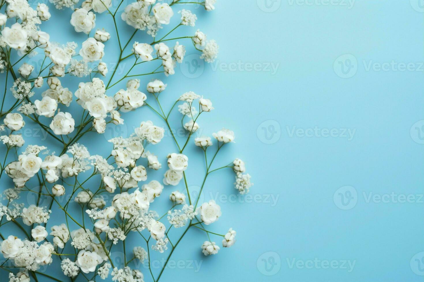 AI generated Babys breath beauty White gypsophila on a calm blue backdrop photo