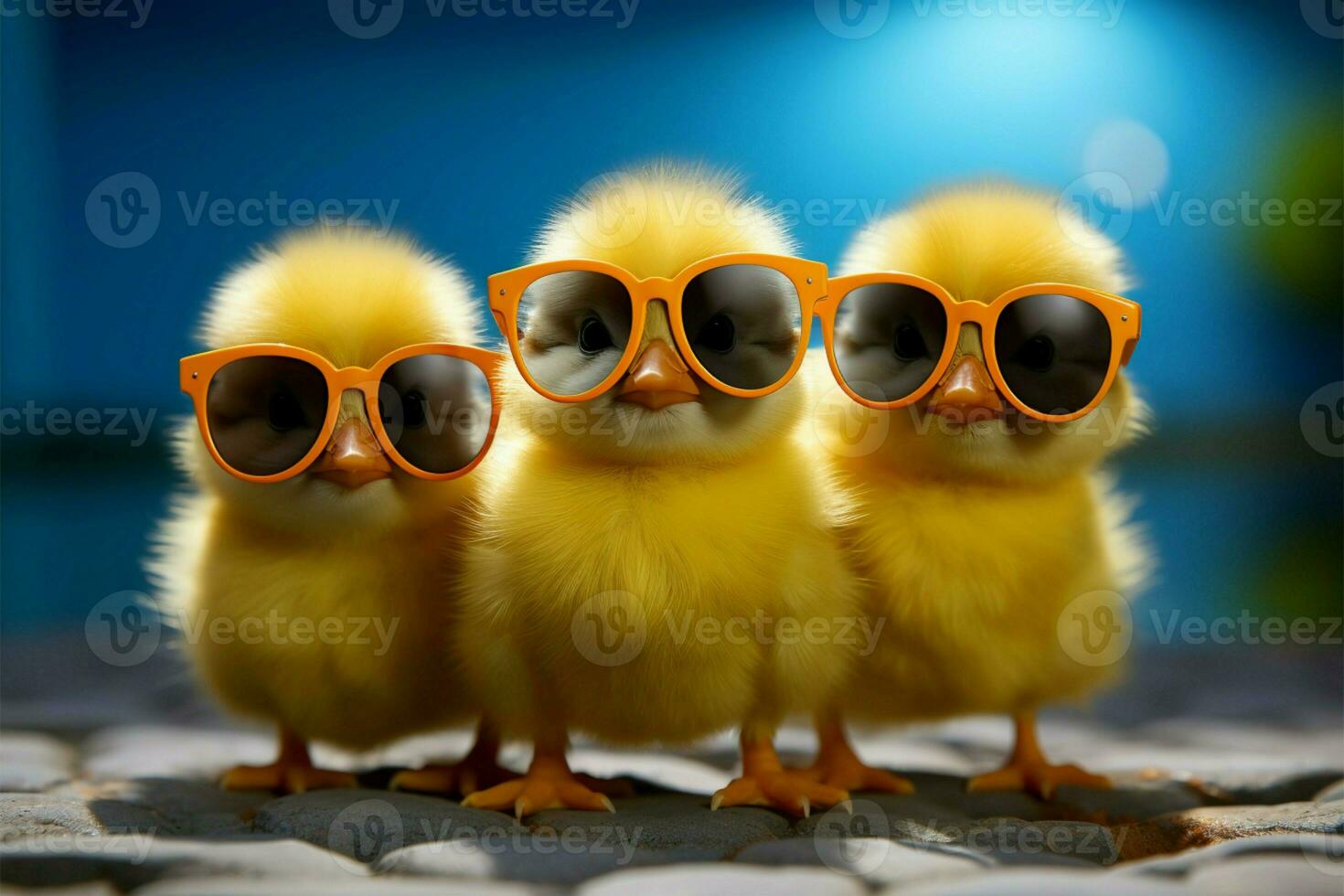 ai generado contento polluelo amarillo aves de corral vistiendo Gafas de sol, pequeño bebé pájaro en primavera foto