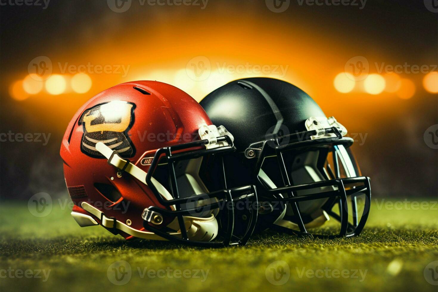 AI generated Gridiron clash American football and helmet on the field backdrop photo