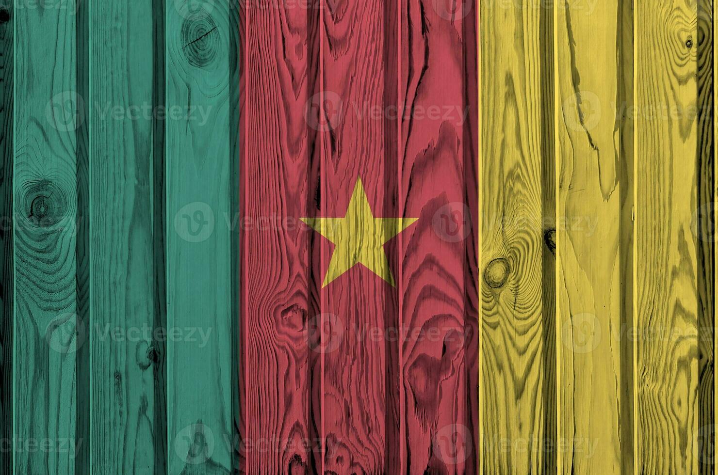 Cameroon flag depicted in bright paint colors on old wooden wall. Textured banner on rough background photo