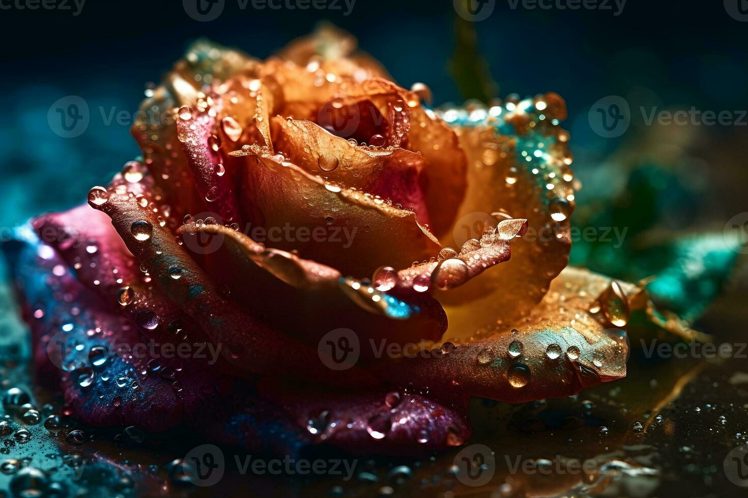 AI generated Rainbow rose with dew drops. Neural network AI generated photo