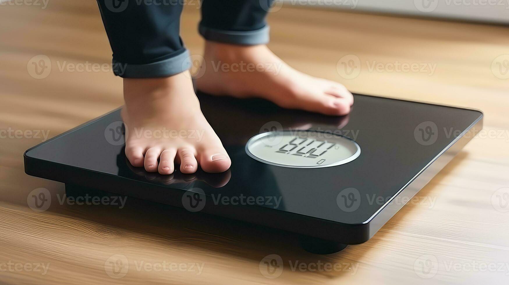 AI generated man standing on weight scale indoors, closeup. Weight loss concept, Nutrition tips photo