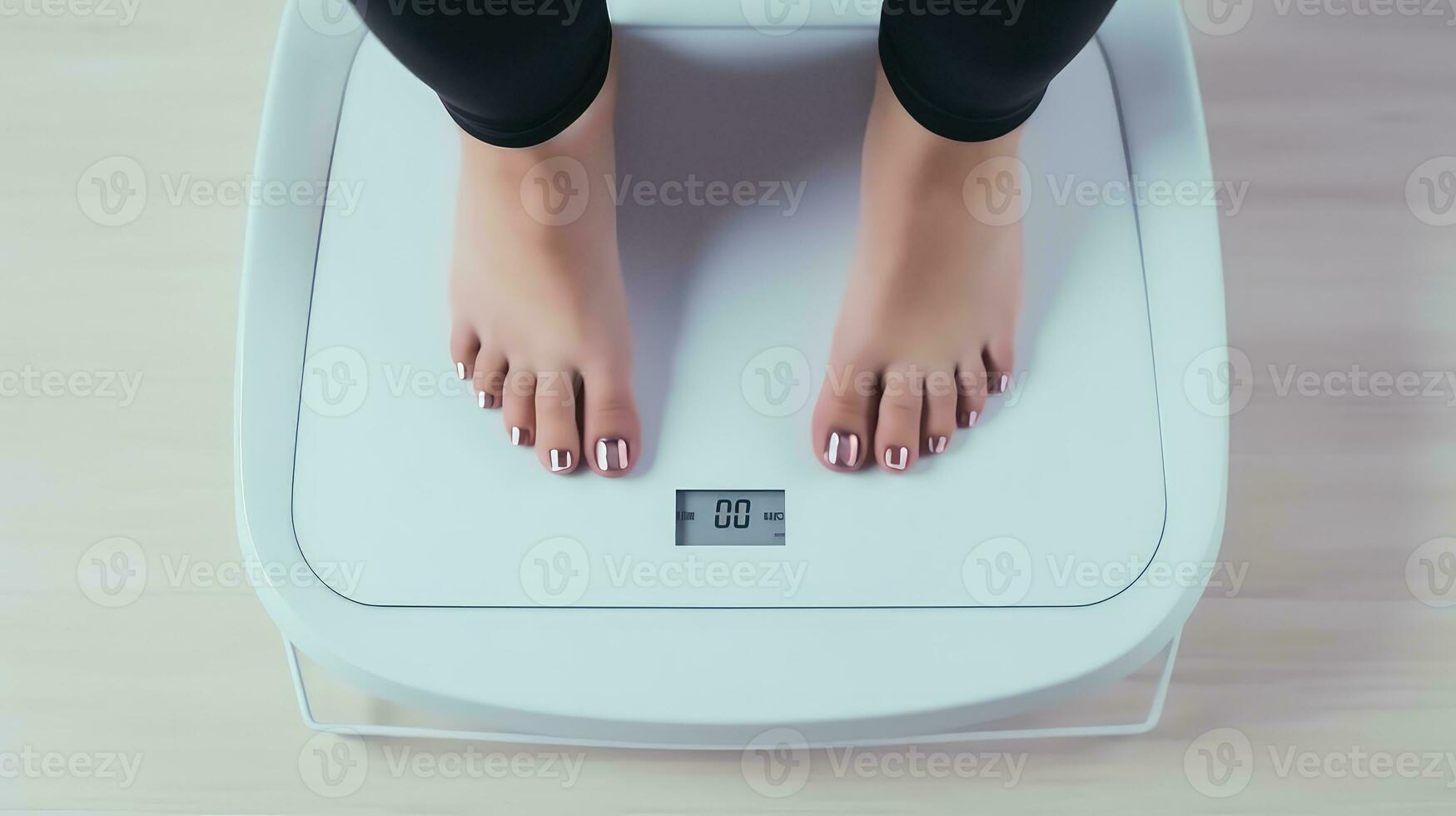 AI generated Closeup of female feet on electronic scales. Weight loss concept. photo