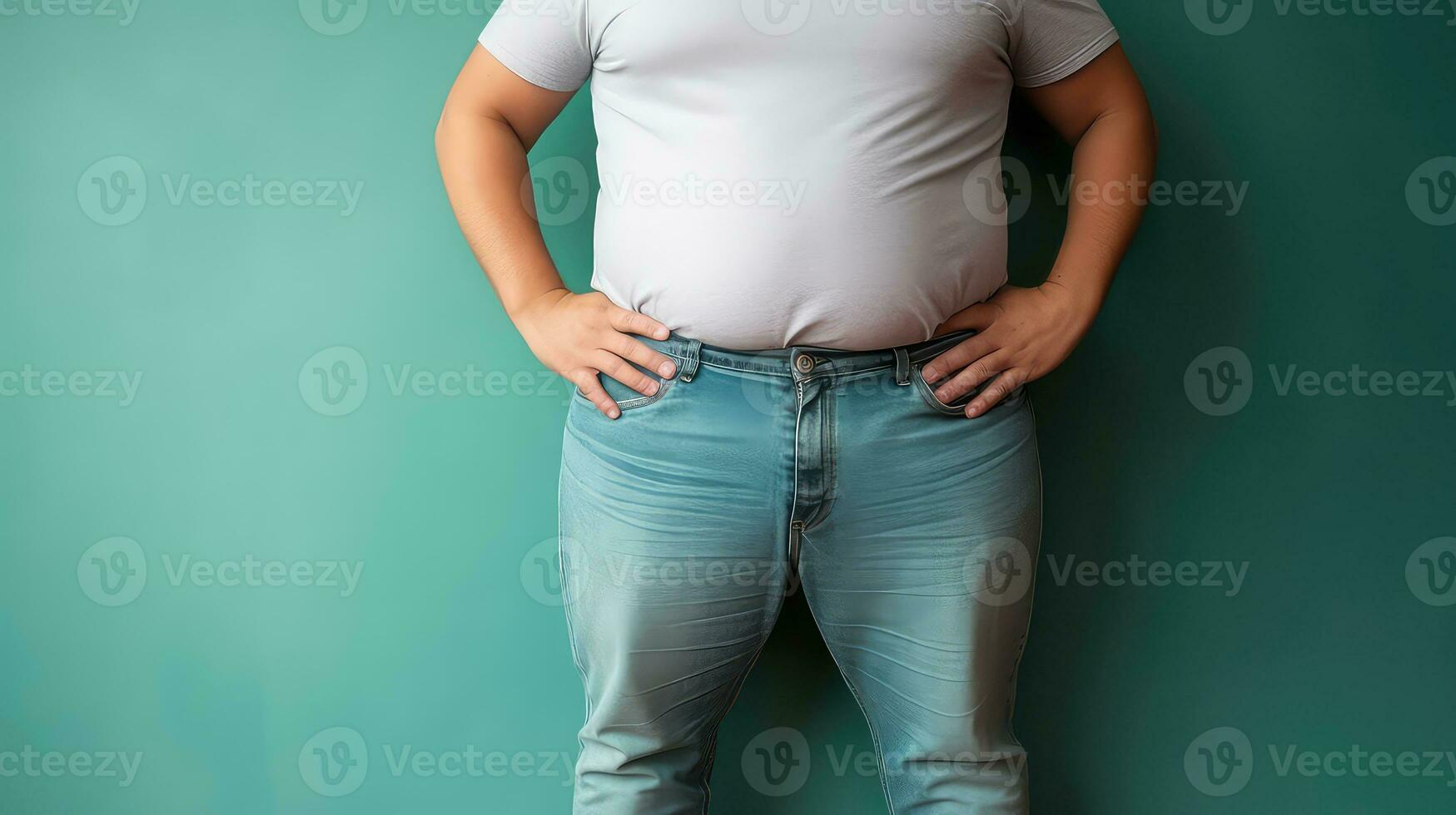 AI generated Fat man with overweight on color background, closeup. Weight loss concept photo