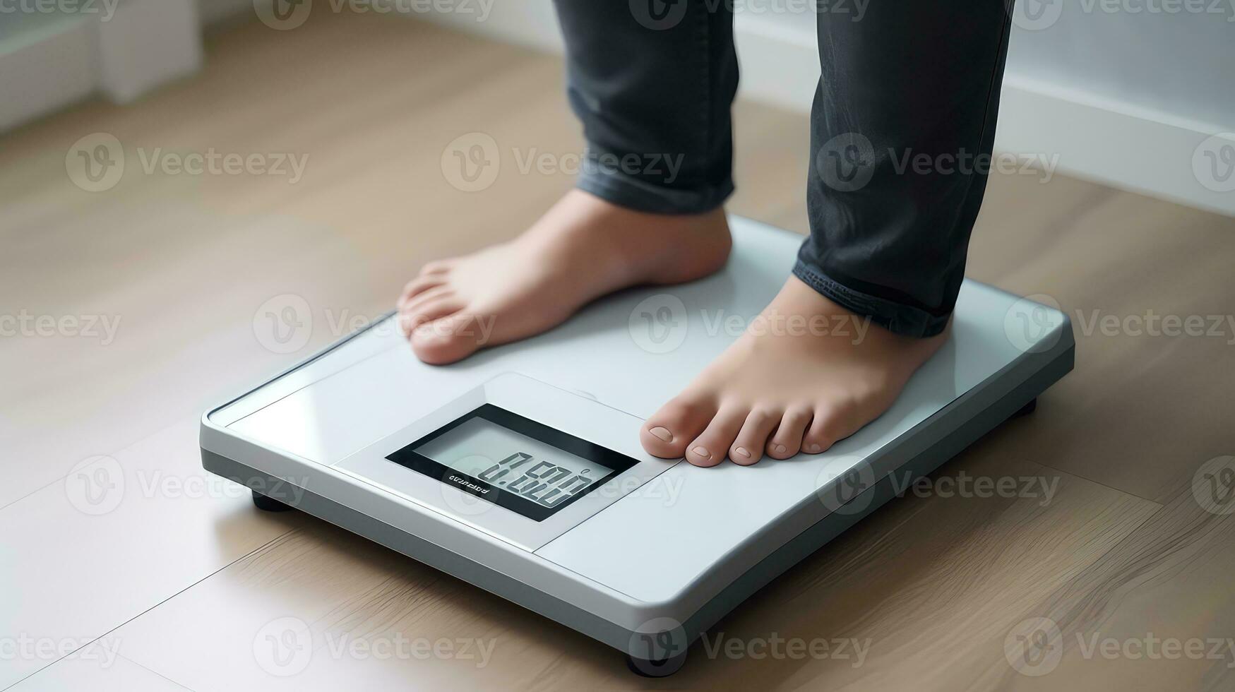 AI generated man standing on weight scale indoors, closeup. Weight loss concept, Nutrition tips photo