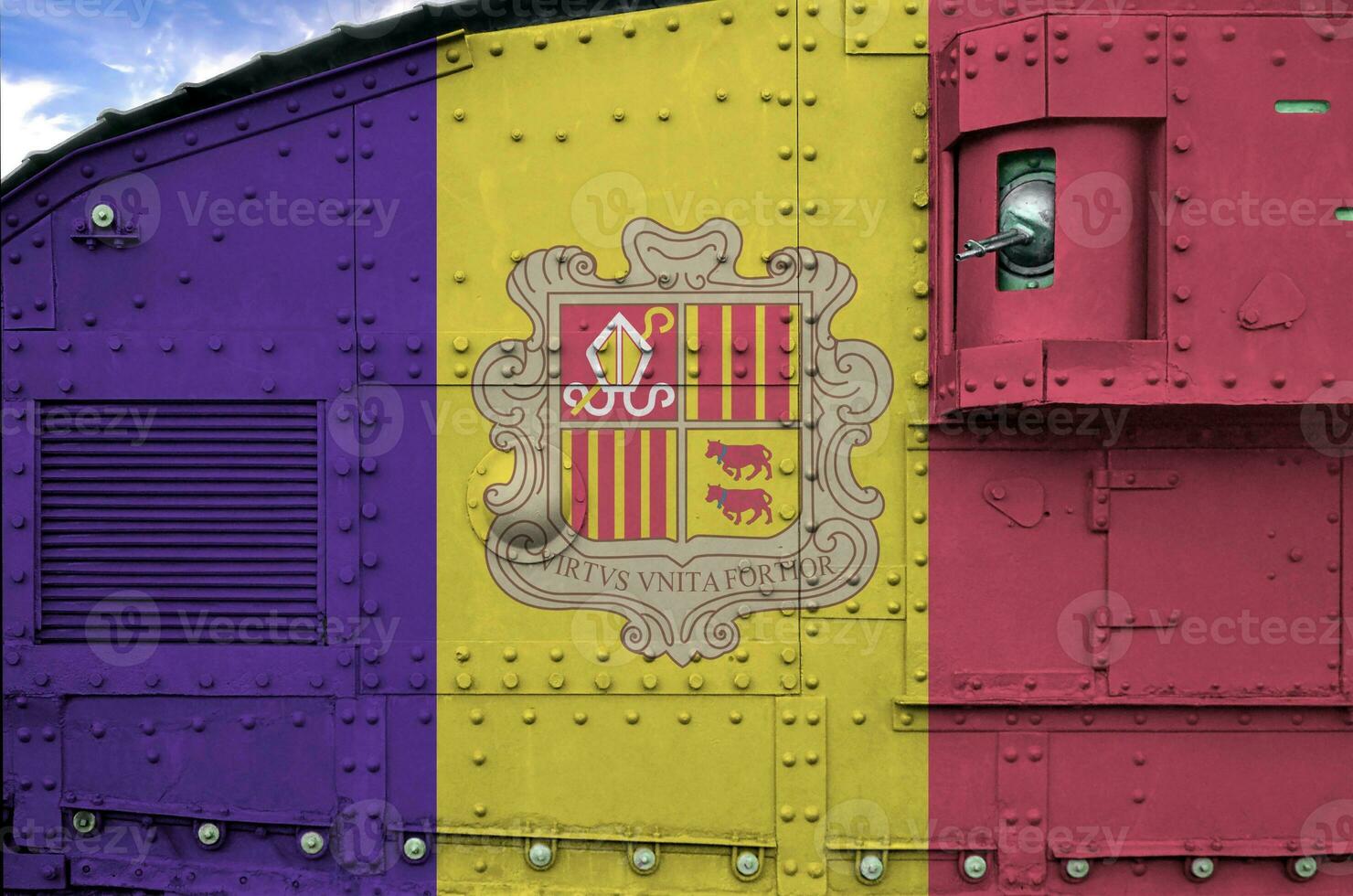 Andorra flag depicted on side part of military armored tank closeup. Army forces conceptual background photo