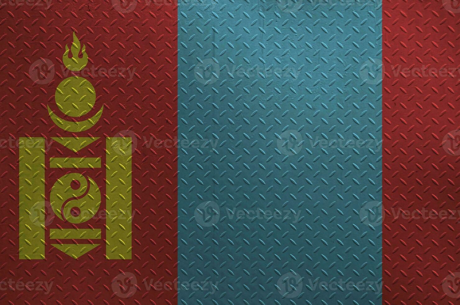 Mongolia flag depicted in paint colors on old brushed metal plate or wall closeup. Textured banner on rough background photo
