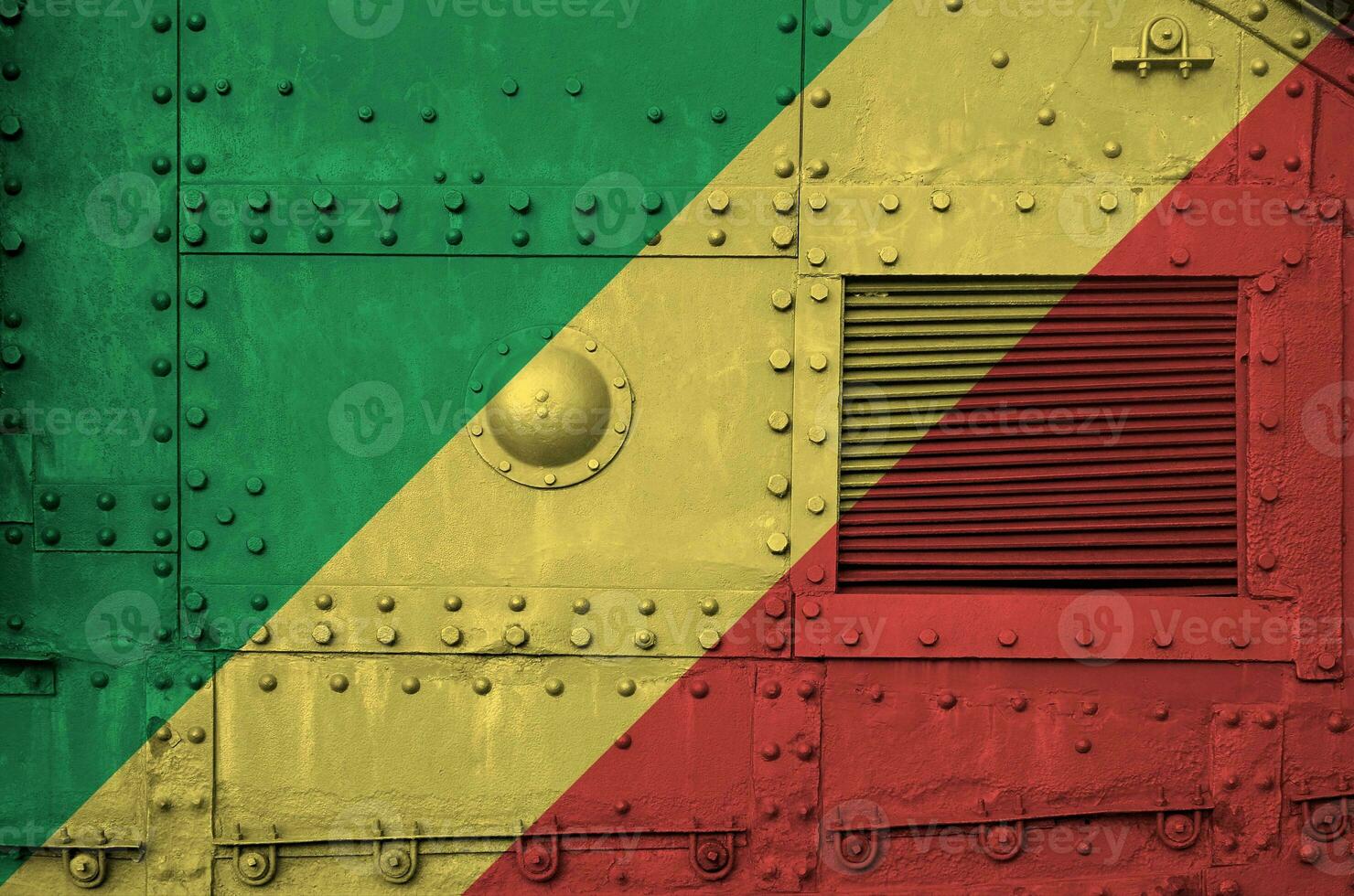 Congo flag depicted on side part of military armored tank closeup. Army forces conceptual background photo