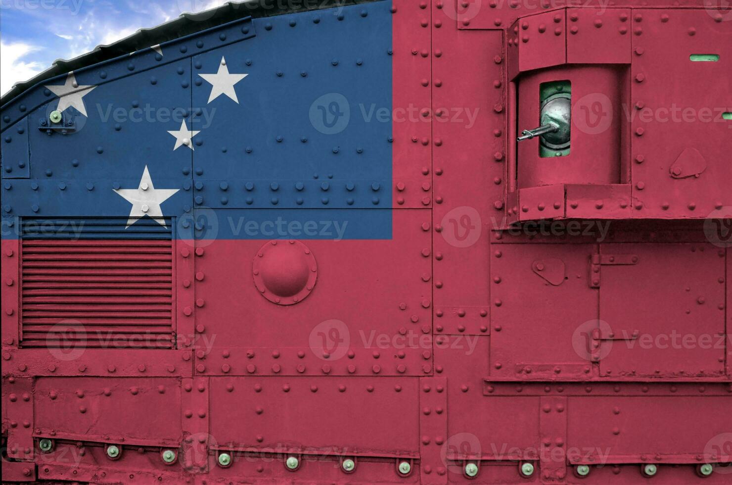 Samoa flag depicted on side part of military armored tank closeup. Army forces conceptual background photo