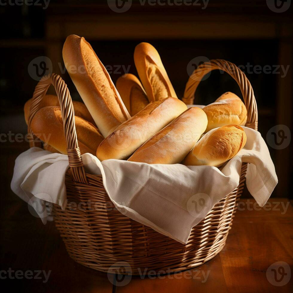 AI generated Variety of Visually Appealing Fresh Baked Bread Baskets photo