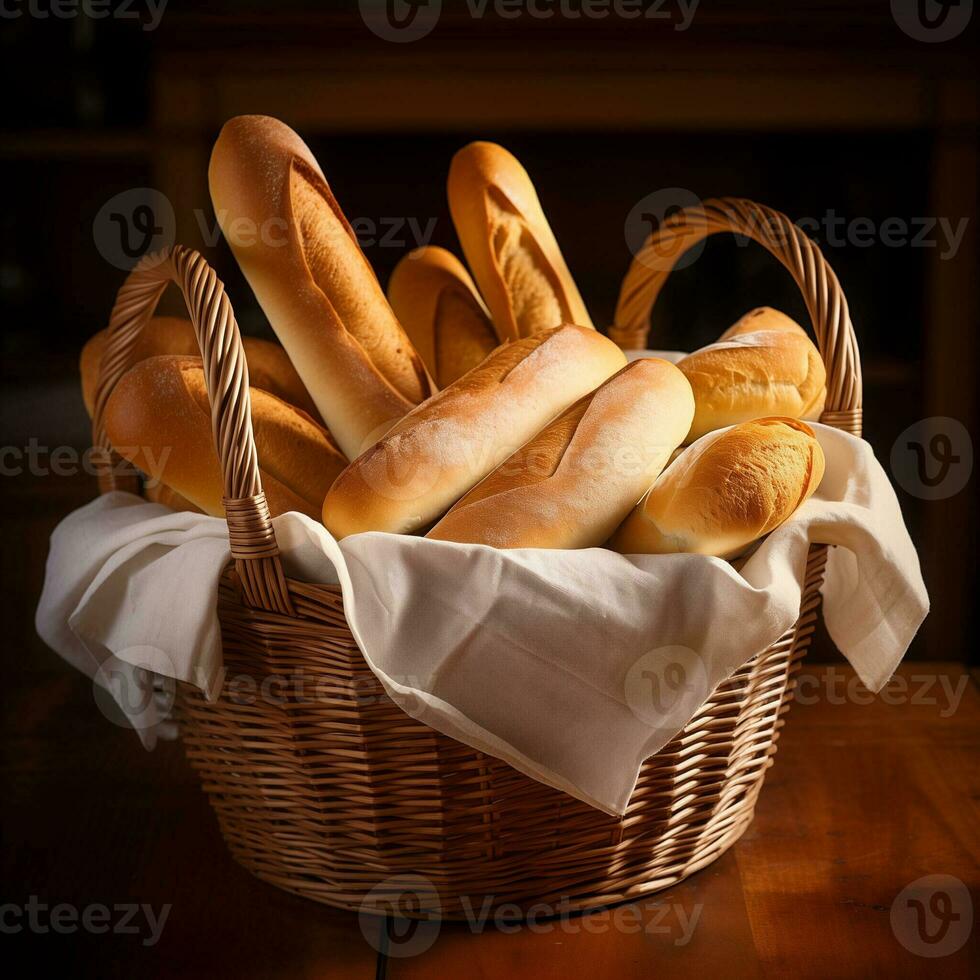 AI generated Variety of Visually Appealing Fresh Baked Bread Baskets photo