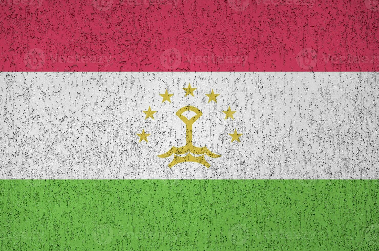 Tajikistan flag depicted in bright paint colors on old relief plastering wall. Textured banner on rough background photo