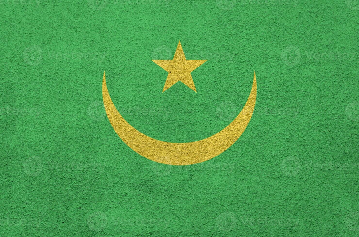 Mauritania flag depicted in bright paint colors on old relief plastering wall. Textured banner on rough background photo