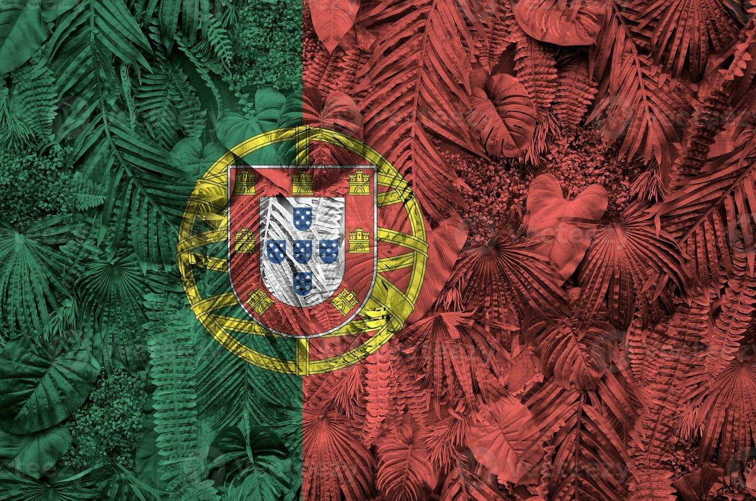 Portugal flag depicted on many leafs of monstera palm trees. Trendy fashionable backdrop photo