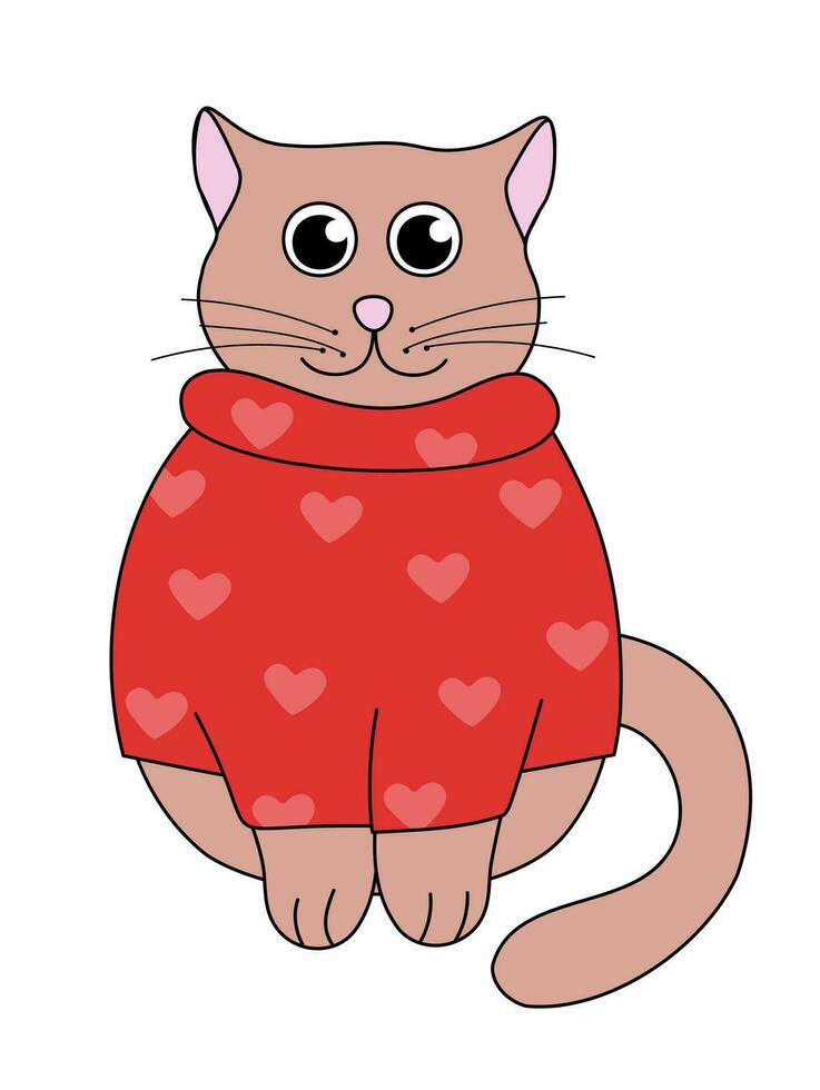 dibujos animados enamorado día gato personaje. linda gatito sentar en suéter. vector plano ilustración.