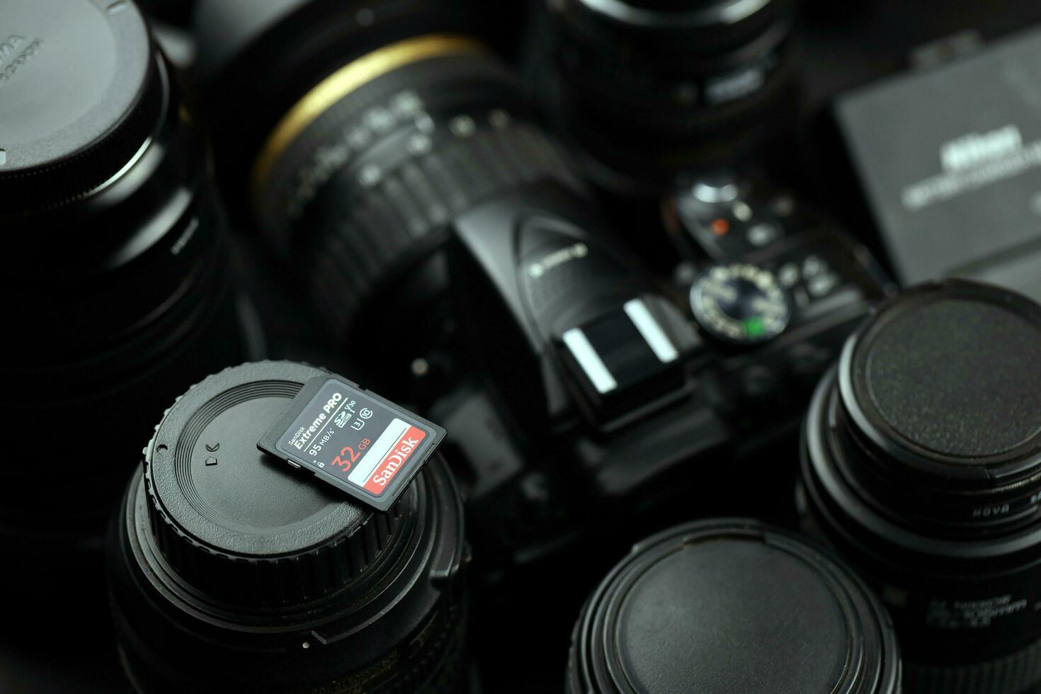 KHARKOV, UKRAINE - JANUARY 12, 2021 SanDisk Extreme pro sdhc 32gb new memory card for photo and video recording devices