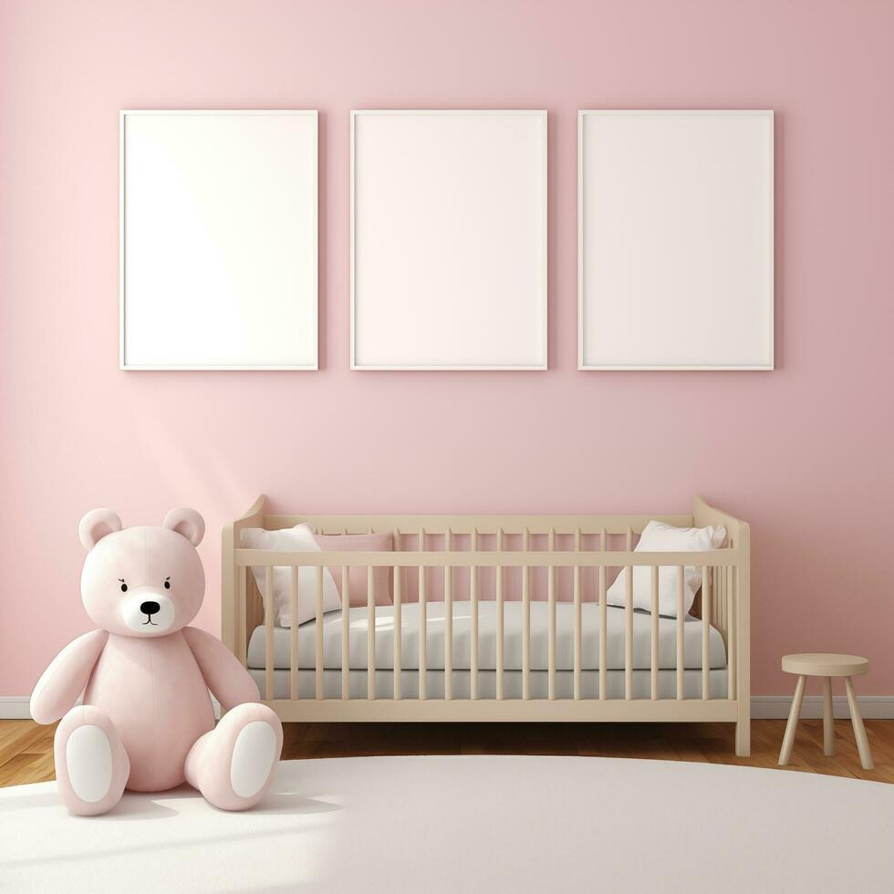 AI generated Collection of Nursery Room Frame Mockups Ready for Displaying POD Poster Illustrations photo