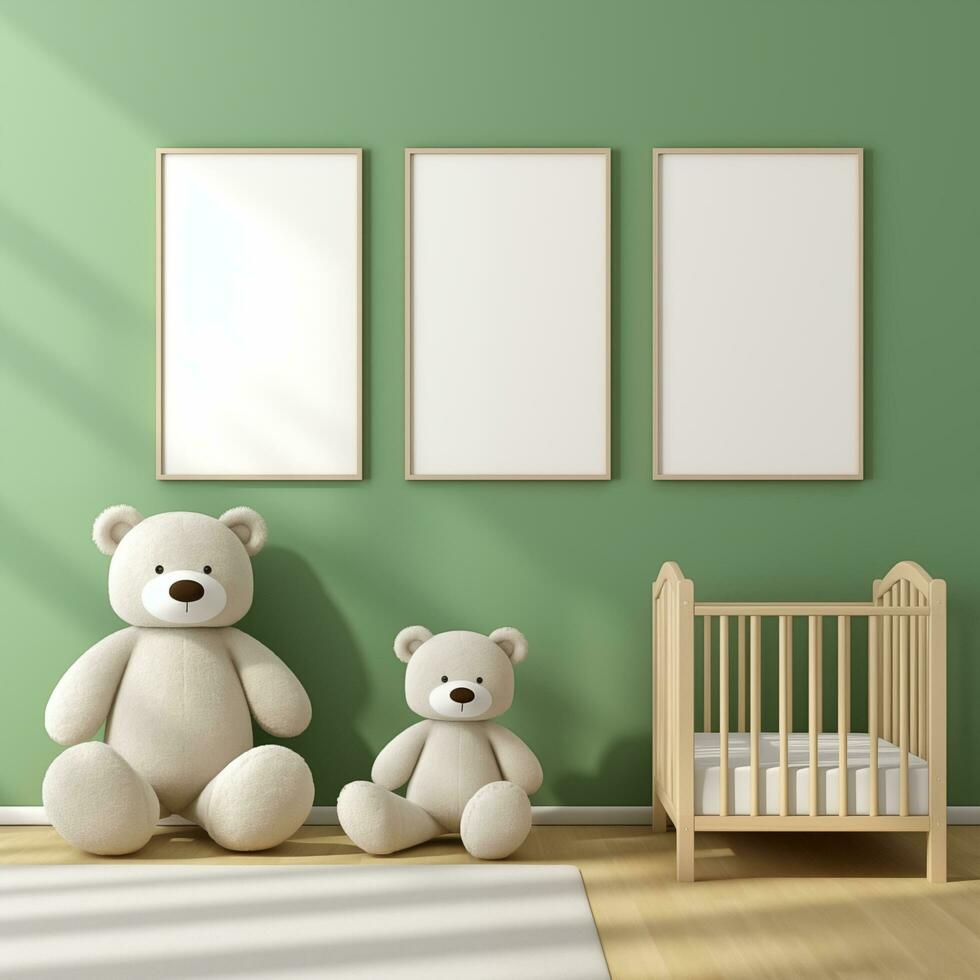 AI generated Collection of Nursery Room Frame Mockups Ready for Displaying POD Poster Illustrations photo