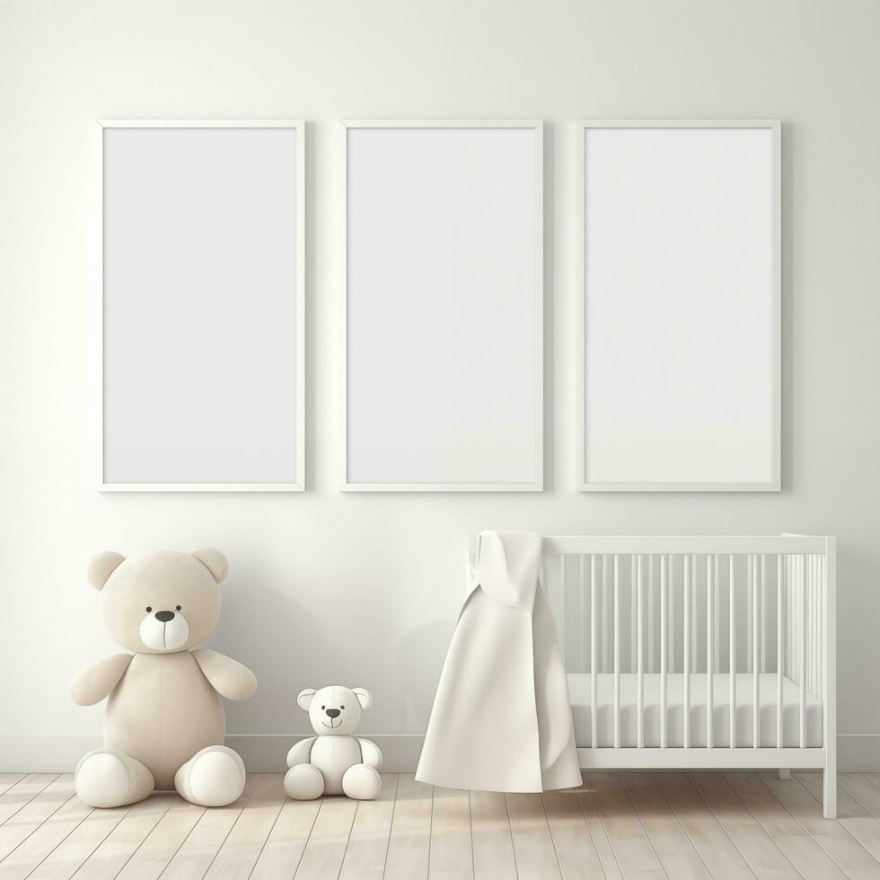 AI generated Collection of Nursery Room Frame Mockups Ready for Displaying POD Poster Illustrations photo