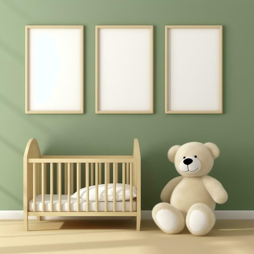 AI generated Collection of Nursery Room Frame Mockups Ready for Displaying POD Poster Illustrations photo