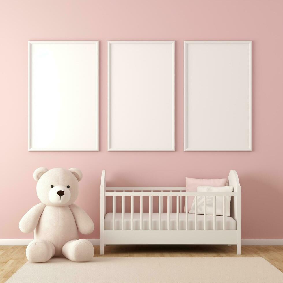 AI generated Collection of Nursery Room Frame Mockups Ready for Displaying POD Poster Illustrations photo