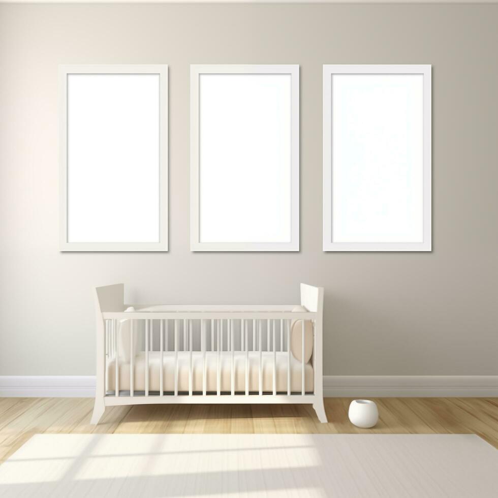 AI generated Collection of Nursery Room Frame Mockups Ready for Displaying POD Poster Illustrations photo