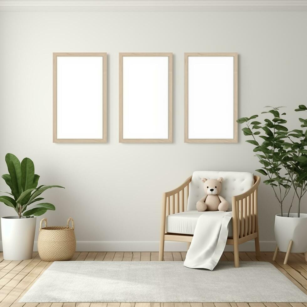 AI generated Collection of Nursery Room Frame Mockups Ready for Displaying POD Poster Illustrations photo