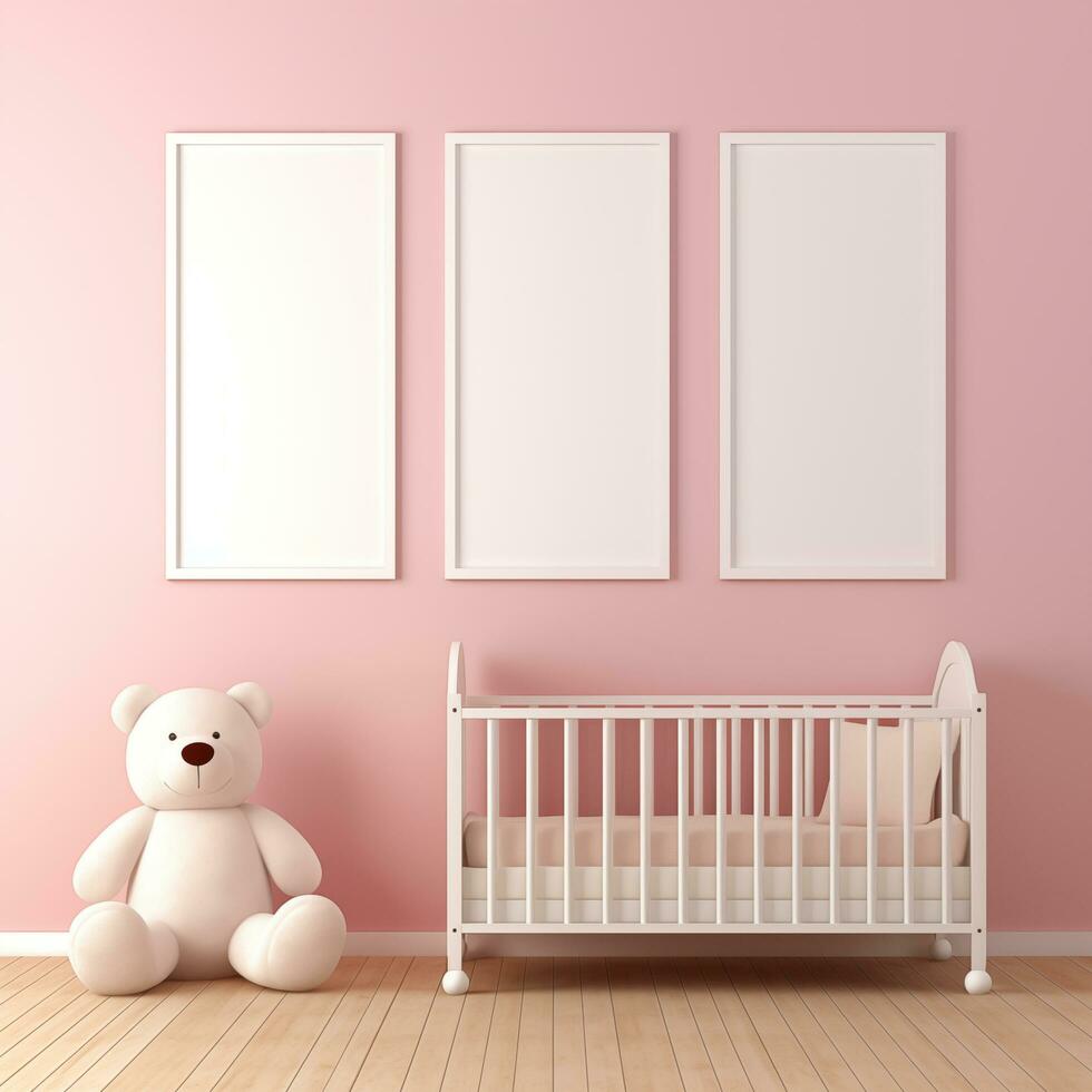 AI generated Collection of Nursery Room Frame Mockups Ready for Displaying POD Poster Illustrations photo