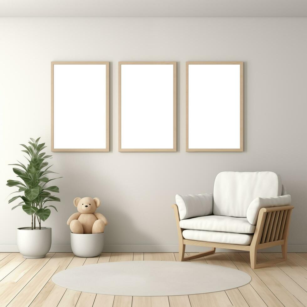 AI generated Collection of Nursery Room Frame Mockups Ready for Displaying POD Poster Illustrations photo