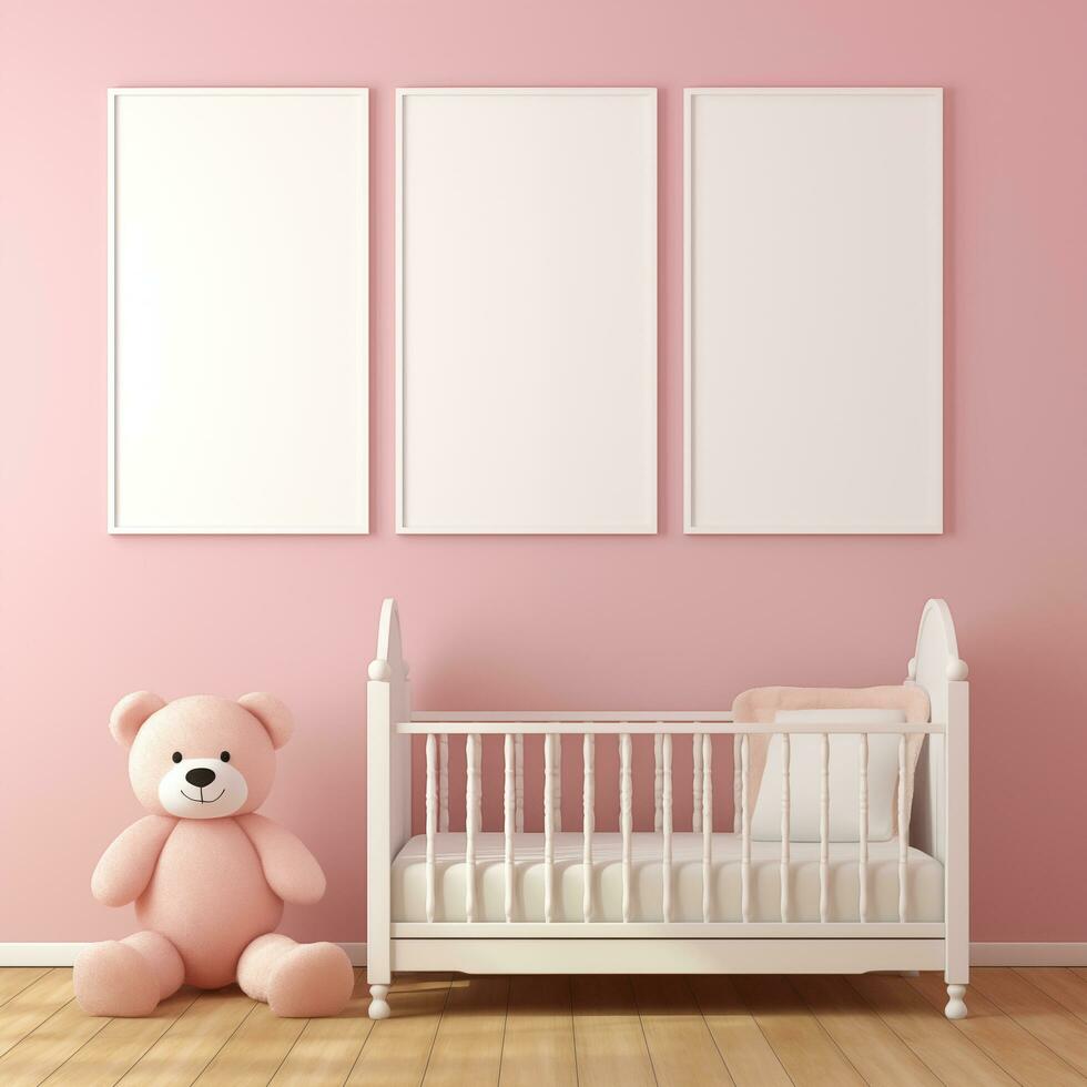 AI generated Collection of Nursery Room Frame Mockups Ready for Displaying POD Poster Illustrations photo