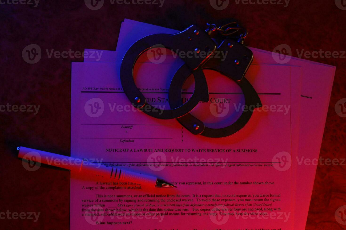 District court Notice of the lawsuit and request to waive service of a summons. Papers with handcuffs and blue pen on table photo